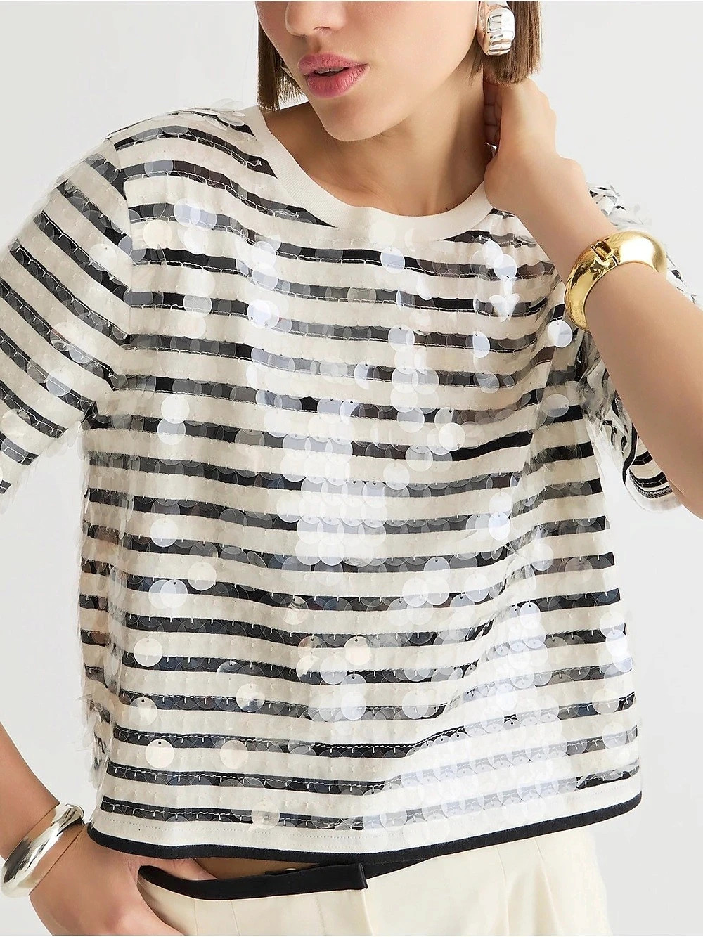 J.Crew Striped Sequin Short Sleeve Top Black & White XS